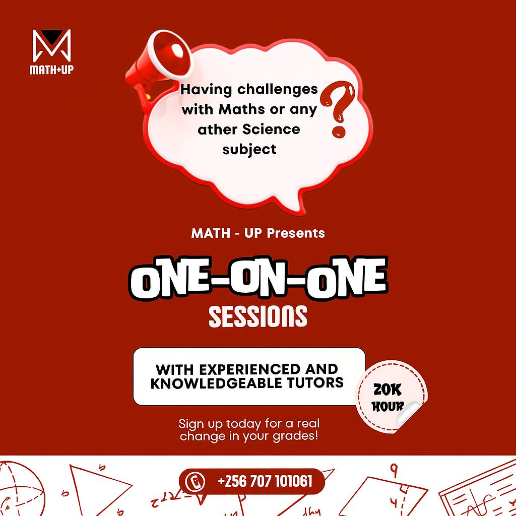 Math-Up one-on-one tutoring flier: 20,000 UGX per hour, with experienced and knowledgeable tutors